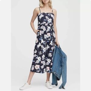 Banana Republic Wide Leg Jumpsuit Size 2 Navy Floral Linen Blend Cropped